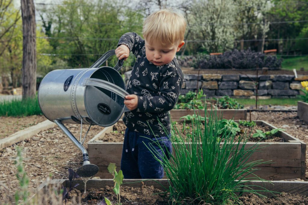 A Small Boy Watering a Plant Box With a Watering Can