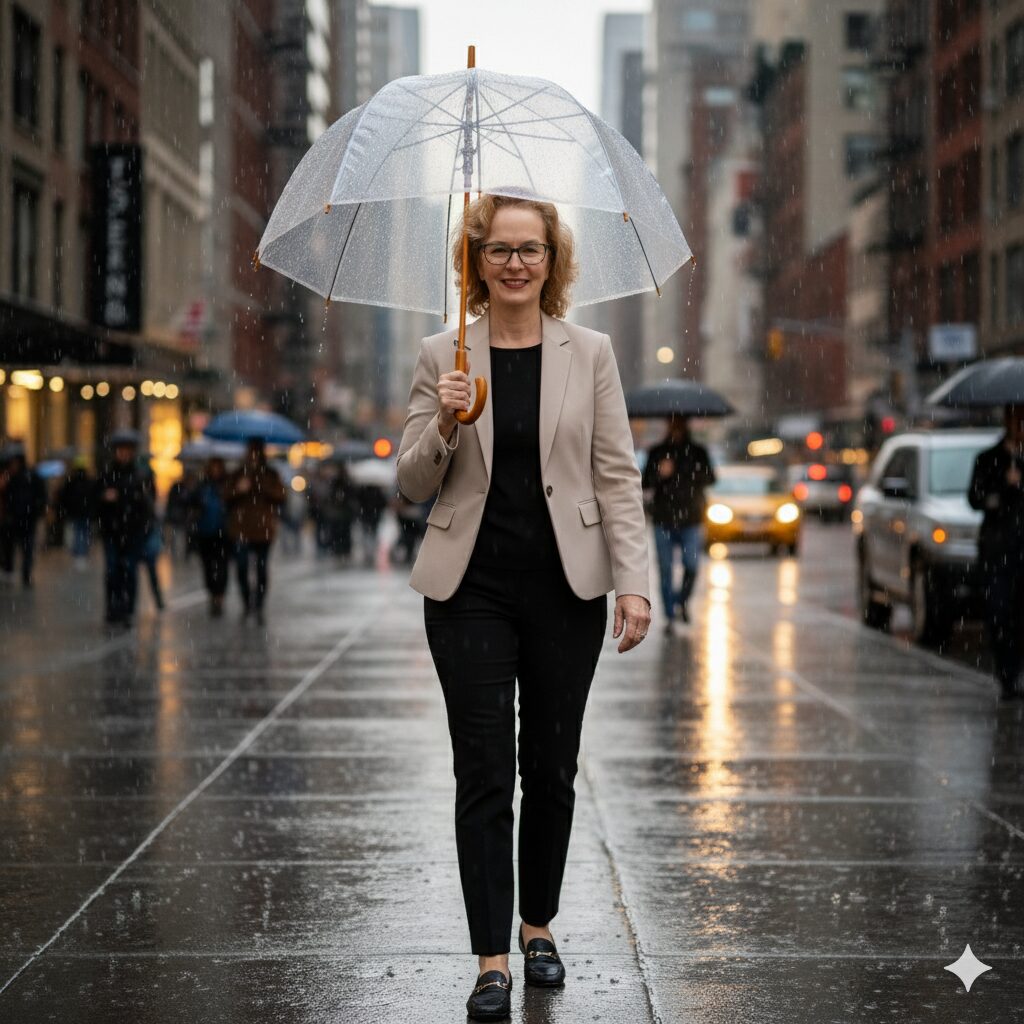 Mindy walking in the rain
