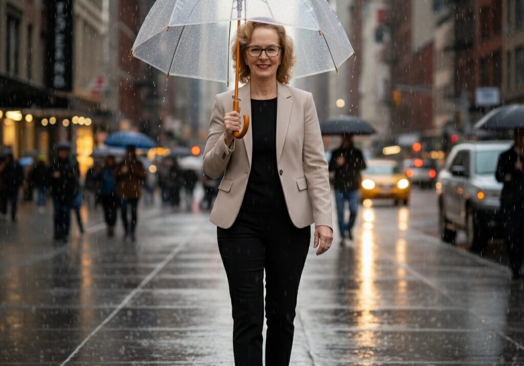 Mindy walking in the rain